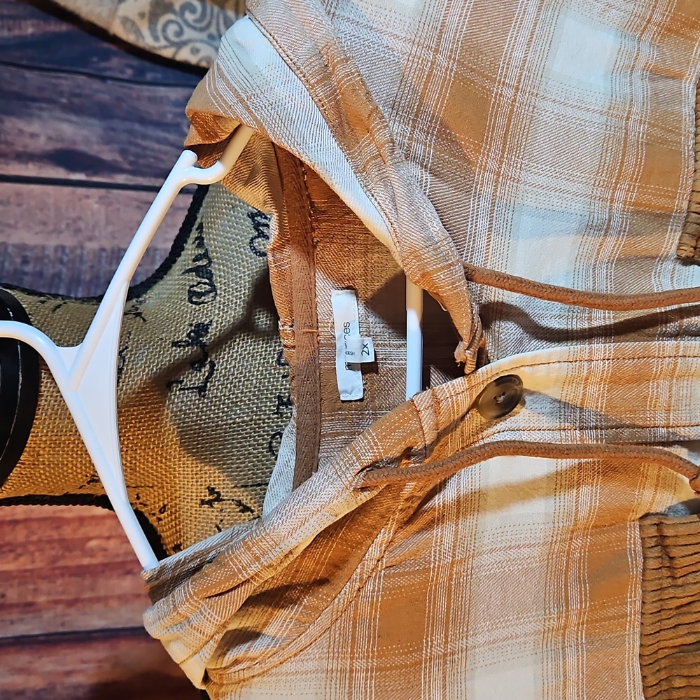 Maurices Mustard Yellow And White Plaid Hooded Button-Up Shirt Size 2x - Picture 3 of 4